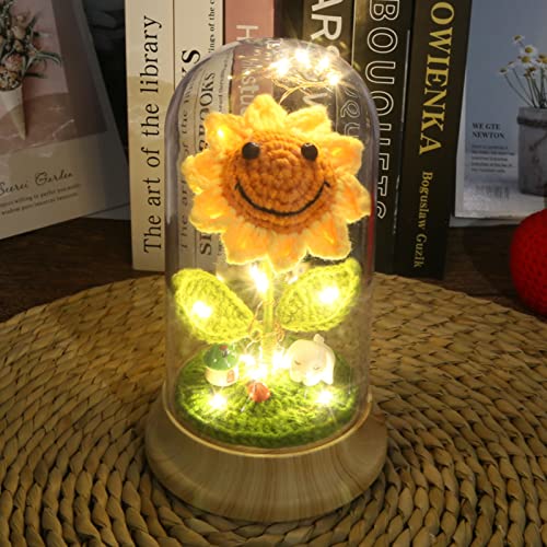 Eternal Sunflower Gifts For Women, Crochet Artificial Sun Flower Decor In Glass Dome With Led Light Strip, For Her Mom Mothers Day Birthday Anniversary Christmas Valentine's Day Gifts (Yellow) #TOP7
