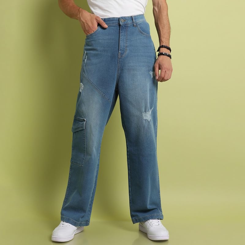 Image of Campus Sutra Men's Light Blue Asymmetrical Stitch Denim Jeans for Everyday Wear | Light-Wash | Button Closure | Regular Fit | Denim Jeans Crafted with Comfort Fit for Everyday Wear (36)