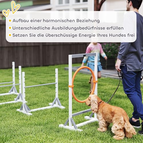 PawHut Agility Set Hunde 4-teiliges Agility-Ausrüstung für Hundetraining Steckhürdenset mit höhenverstellbar Hürden Reifen Trainingszubehör Koordinationstraining Agilityset für Spiele Training