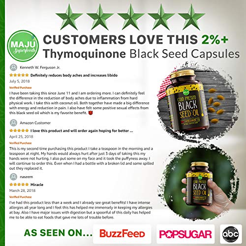 MAJU's Black Seed Oil Capsules - Cold Pressed, 3X% Thymoquinone, 100% Turkish Black Cumin Nigella Sativa Seed Oil, Organic BSO, Non-GMO, 100% Liquid Pure Blackseed Oil