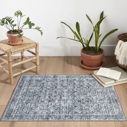 2x3 Grey Brown Washable Rug Soft Area Rug for Entryway, Non-Slip Indoor Door Mat Distressed Floral Low-Pile Kitchen Rugs, Neutral Vintage Carpet for Entrance Kitchen Bedside Farmhouse