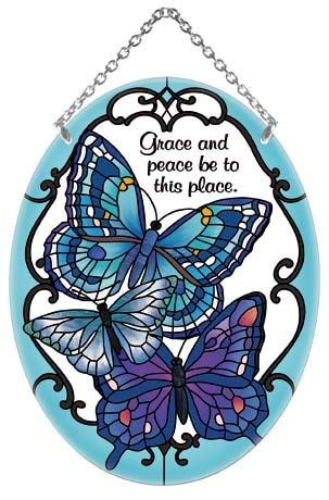 Joan Baker Designs Blue Butterflies Grace and Peace Be to This Place Stained Glass Suncatcher (MO257R)