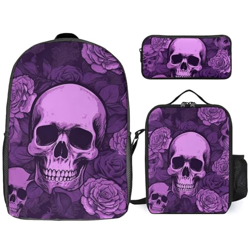 3 Piece Backpack for Women Men Lightweight Causal Daypack Shoulder Bag Set with Insulated Lunch Bag And Pencil Case Organizers Purple Skulls And Roses