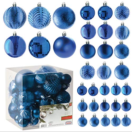 PREXTEX Blue Christmas Ball Ornaments - 36 Pcs Shatterproof Hanging Ornaments (Matte, Shiny, Disco, Glitter, Patterned) for Christmas Trees, Wreaths & Parties