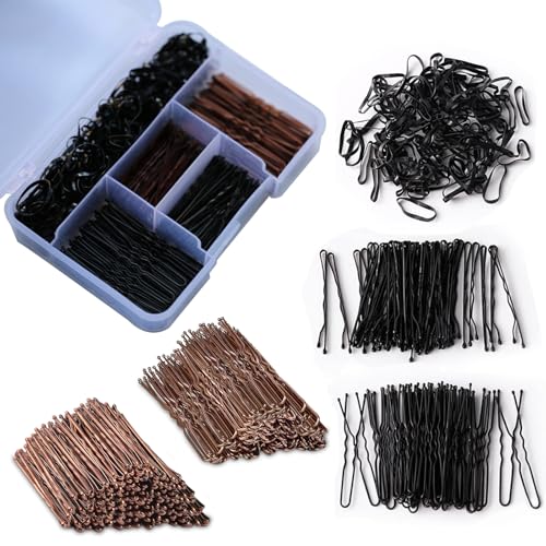 300pcs Brown Hair Pins Kit U Shaped Pins 100 Pcs U-Shaped 100 Bobby Pin and 100 Rubber Bands with Storage Box Pins 2Inch for Women Hairdressing Salons