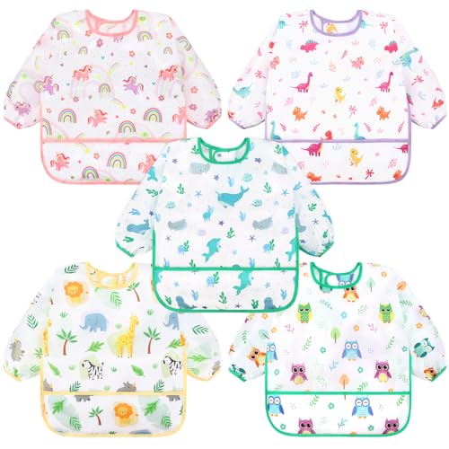 Image of Accmor 5 Pack Long Sleeve Baby Bibs, Waterproof Sleeved Bib Smock for Baby Toddler 6-36 Months