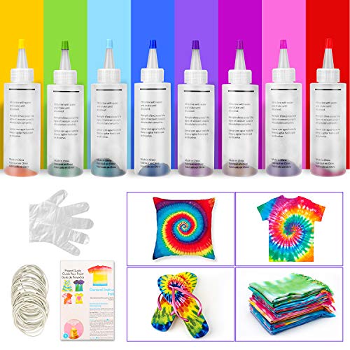 Sinwind Tie Dye Kit, 8 Farbe Batikfarben Set Stoff Textil Farben Tie-Dye Kit Vibrant Stoff Textil Farben Jeweils 120ml mit 40 Stück Gummi Band für DIY Projekte und Partyaktivitäten