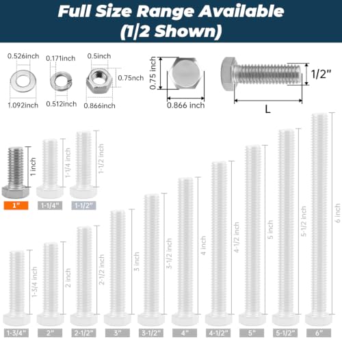 Image of 6 Sets Glvaner 1 /2-13 x 1 Stainless Steel Hex Head Screws Bolts, Nuts, Flat & Lock Washers, 18-8 (304) Stainless Steel, Full Thread, Coarse Thread