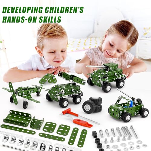 BESTYMXY Model Building Kits, Metal Military Toys Model Kit, 4 in1 Erector Sets for Boys Age 8-12, Military Vehicles & Aircraft STEM Building Toys Metal Model