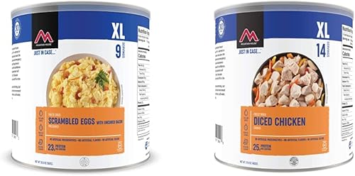 Mountain House Huevos revueltos con tocino + pollo cocido en cubitos | Supervivencia liofilizada y alimentos de emergencia | Latas #10 | Sin gluten