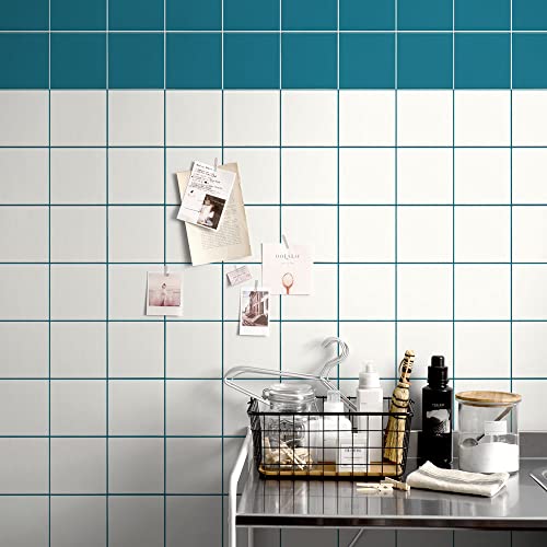 壁紙屋本舗 壁紙 シール はがせる タイル柄 リメイクシート Hatte me ハッテミー 巾65cm × 2.6m キッチン 防水 賃貸 リフォーム 模様替え すっきりタイル ポップ ホワイト × ターコイズ 目地 PSQT-06【受注生産品・キャンセル