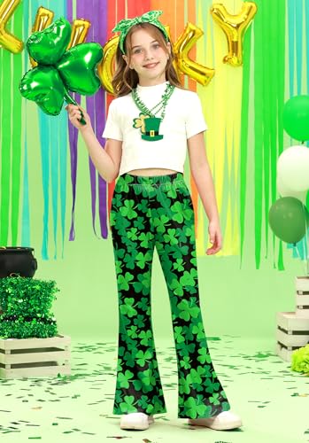 Girls St.Patrick's Irish Clover Print Legging Lucky Shamrock Flared Pants with Pockets 5-14 Years4
