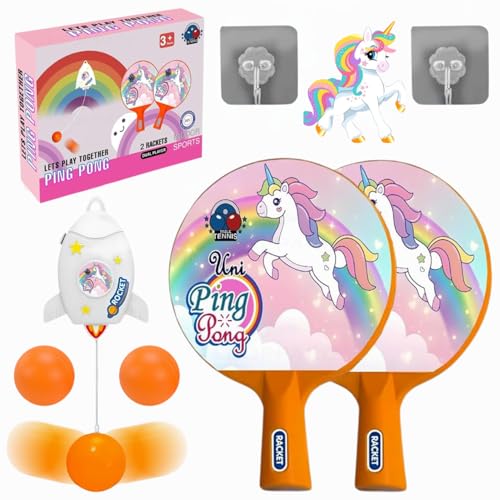 Image of Hanging Table Tennis Trainer for Kids Indoor Self Training Portable Ping Pong Set 10 Pieces 2 Racket 2 Balls 2 Hooks 1 Unicorn Hanger and 2 Unicorn Stickers in 1 Unicorn Box