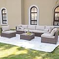 Naga Bahna 7-Piece Outdoor Patio Furniture Set, All-Weather PE Rattan Sectional Sofa Conversation Set with Glass Coffee Table, Brown Wicker Furniture for Backyard, Spring