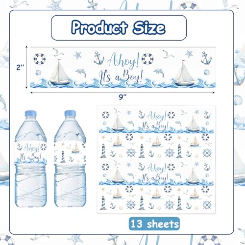 Serencatcher Nautical Baby Shower Water Bottle Labels, 52pcs Ahoy! It&rsquo;s a Boy Theme Waterproof Water Bottle Stickers for Nautical Baby Shower Gender Reveal Party Decorations Supplies