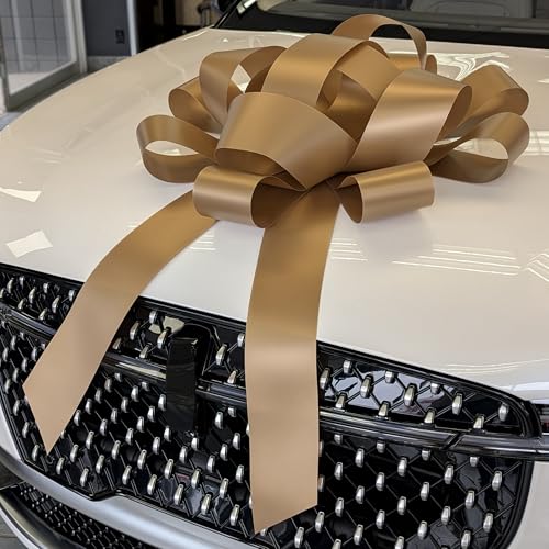 Image of CarBowz Big Car Bow for Car Decorations and Birthday Car Gifts, Large Bow Ribbon, Magnet, Car Safe Sticker Included, Fully Assembled 30 inch Wide Huge Bow, No Suction Cup Needed (Gold)