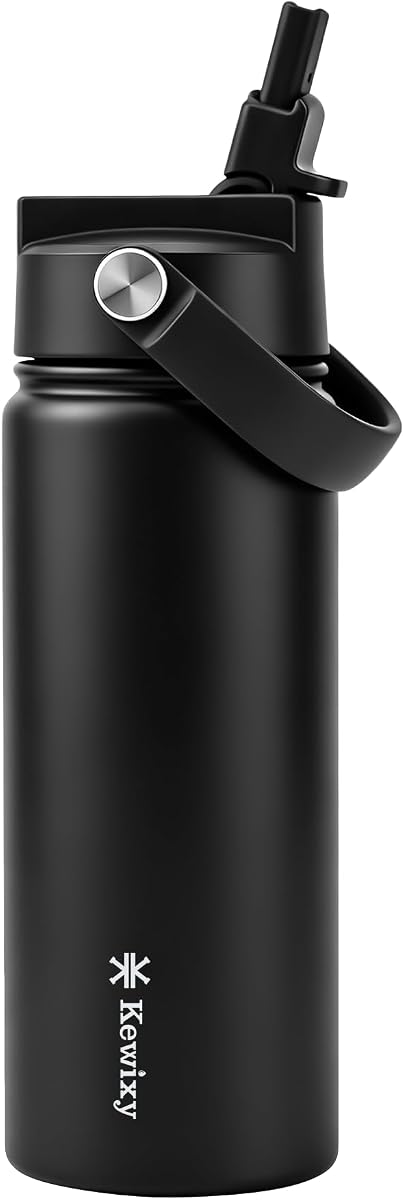 KEWIXY 18oz Insulated Water Bottle with Straw, Easy Slide Lid, Leak Proof, Keep Cold 24H, Vacuum Insulated Tumbler, Metal Stainless Steel with Handle for School, BBlack