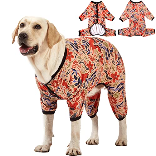 LovinPet Large Breed Dog Pajamas, Lightweight Pullover Full Coverage Dog Pjs, Pitbull Onesie, Happy Horse Coral Print