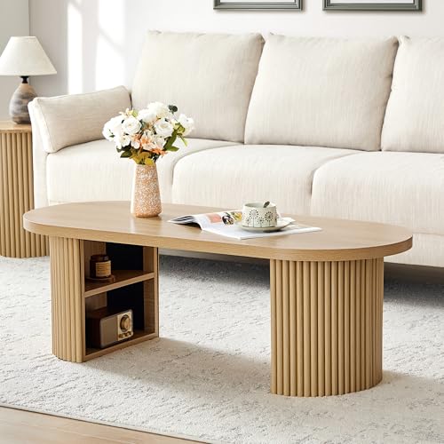 AVZEAR Fluted Oval Coffee Table with Storage for Living Room, Boho Modern Coffee Table, Curved Round Wood Center Table for Home, Small Spaces, Office, Natural(47.24