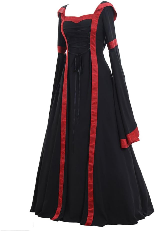 CosplayDiy Women's Gothic Victorian Witch Vampire Dress Medieval Renaissance Hooded Dress Trumpet Sleeves Cosplay Gown Dress - Image 3