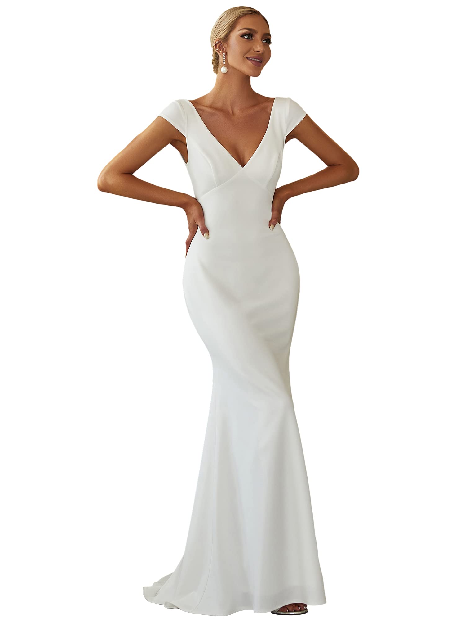 Ever-Pretty Robe de Soirée Longue pour Mariage Femme Sirène Col V Manches Courtes Chic EH0171A