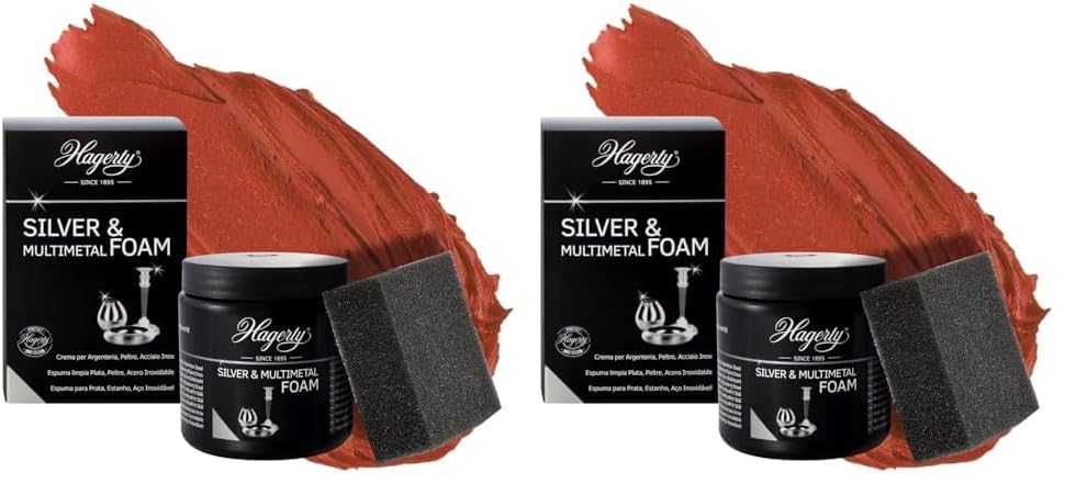 Hagerty Silver & Multimetal Foam Espuma limpiadora de plata 185g I Eficaz mousse para protección de metal plateado estaño acero cromo I Limpia plata renovadora de brillo I Esponja incluida