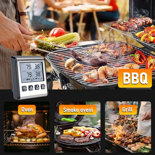 Doppelsonden Fleischthermometer Digital,Digitales Grill-Thermometer zwei Edelstahlsonden, LCD Bildschirm & Alarm,Temperaturbereich bis 300°C,Bratenthermometer für Wohnmobil Küche,BBQ,Smoker