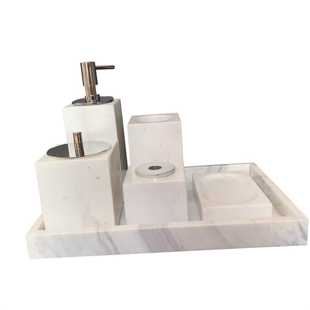 StonePlusNatural Real Marble Bathroom Accessories Set 6 Piece-Toothbrush Bottle, Marble Tray,Liquid Soap Dispenser, Cotton Swab Box, Soap Dish, Aromatherapy Tank (Volakas)