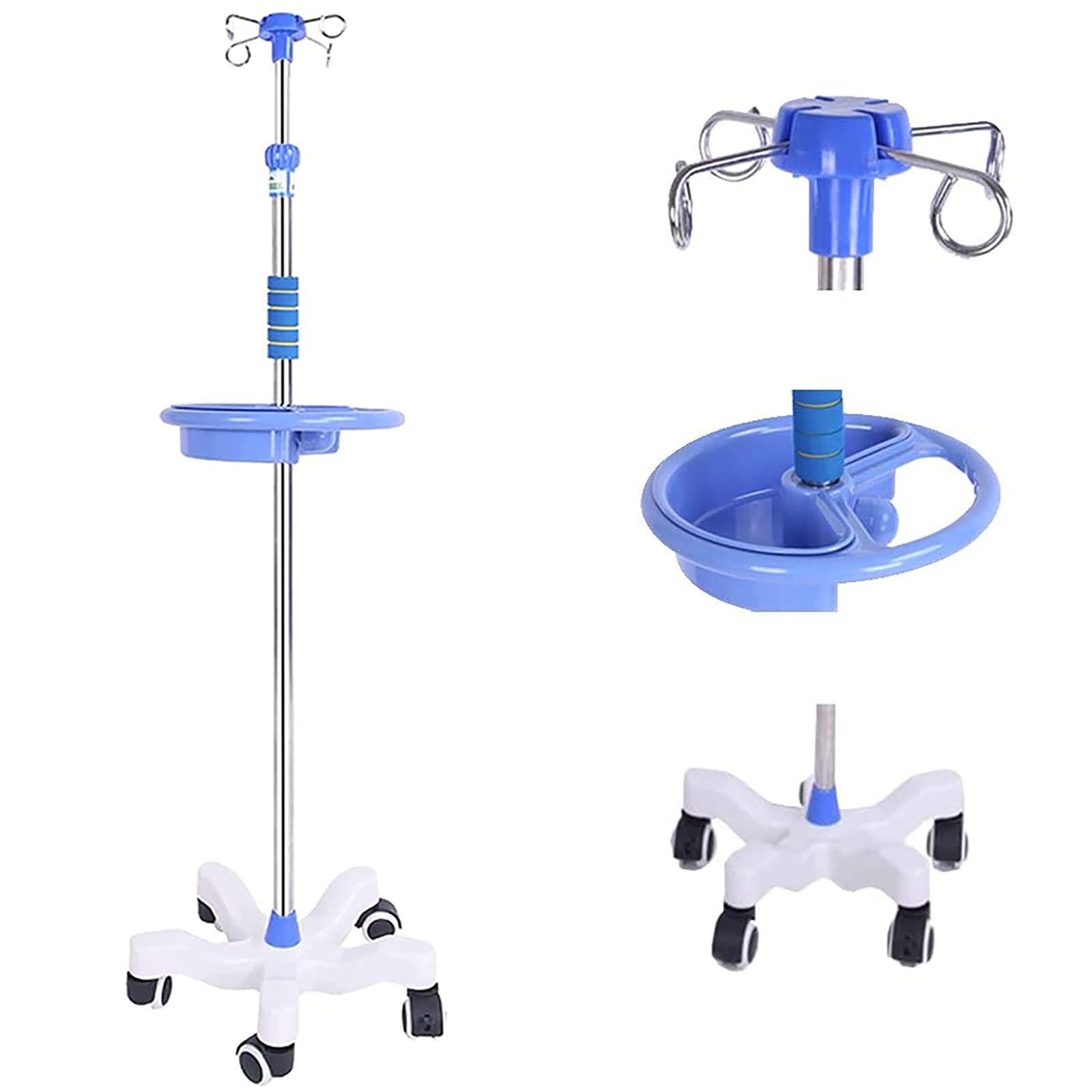 Épaissir le Potences pour Intraveineuse en acier inoxydable, support de perfusion médicale avec roues, support de sac IV rétractable à hauteur réglable, 4 crochets, plateau rond ( Color : White base )