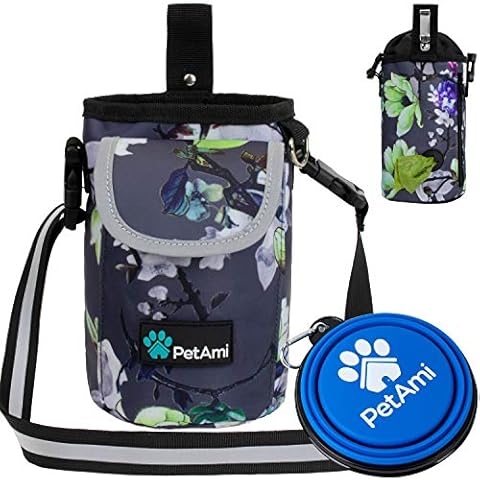 PetAmi Dog Treat Pouch with Large Front Pocket| Dog Training Pouch Bag Waist Shoulder Strap, Poop Bag Dispenser, Collapsible Bowl| Training Bag for Kibbles, Pet Toys| 3 Ways to Wear (Floral Grey) Cover