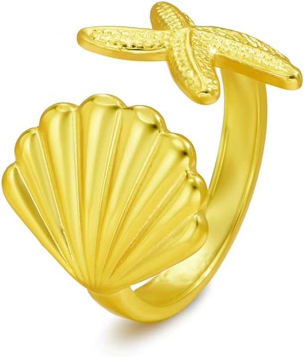 Adjustable Open Ring for Women, Stainless Steel Sea Shell and Starfish Design, Vacation Style Jewelry in Gold or Silver