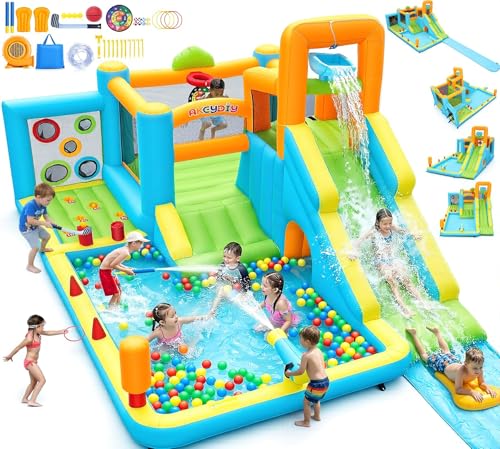 17-in-1 Water Slide Bounce House w-Extended Water Slip, Bodyboards & Water Guns, 15.4x11FT Large Golf Water Park w-Dartboard-Ring Toss-Boxing Game-Basketball Hoop-Tunnel-Water Bucket-Water Cannon-Pool