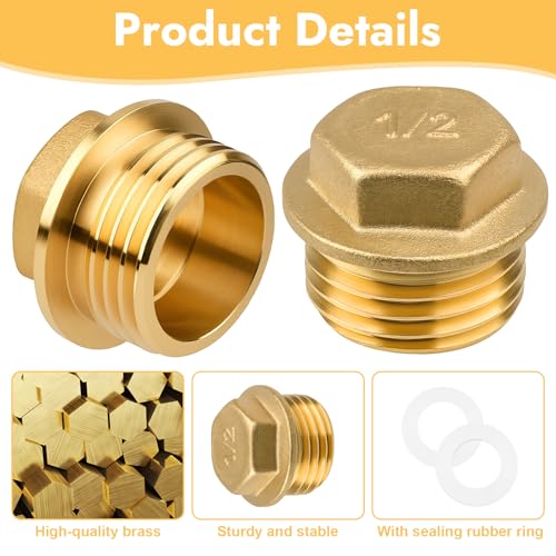 2 Stück 1/2 Messing Stopfen, Blindstopfen Rohr Endkappe 1/2 Zoll Außengewinde, Messing Rohrstopfen mit Gummiring, Endstopfen Verschlussstopfen für Heizung und Trinkwasseranlage