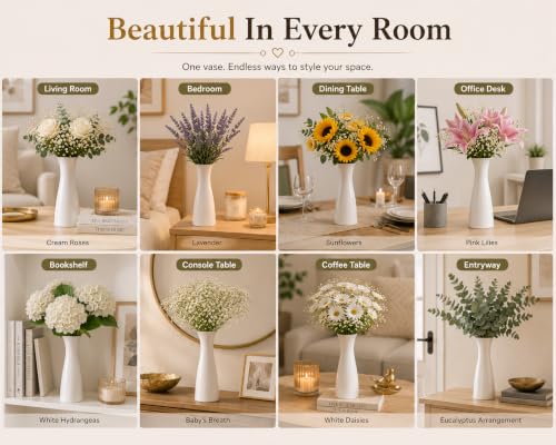 Image of White Ceramic Flower Vase for Home Decor, Modern Decorative Vase for Living Room, Bedroom & Office, Minimalist Table Centerpiece for Roses, Tulips, Baby's Breath & Artificial Flowers