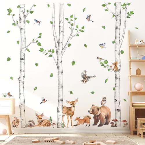 wondever Stickers Muraux Animaux Forêt Arbre Grand Autocollants Muraux Mural Stickers Arbre Enfant Ours Cerf Renard pour Chambre Enfants Bébé Pépinière...