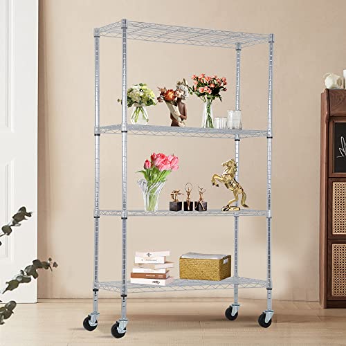 Image of BestOffice | 4-Tier Wire Storage Shelves with Wheels | 36x14x62 | Chrome | Adjustable Racks | Heavy-Duty Metal Shelf, Holds Upto 500 lbs | No-Tool Assembly | Ideal for Home & Garage Shelving