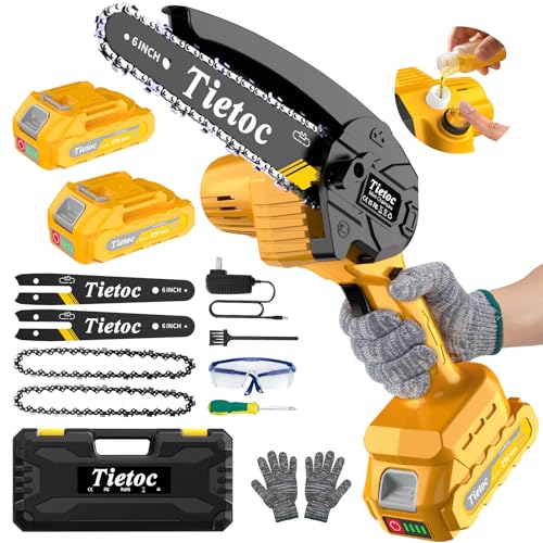 Image of Mini Chainsaw Cordless,6 Inch Portable Electric Chainsaw with 2 Battery 2 Chains,Battery Powered Small Handheld Chain Saw with Automatic Oiler,for Tree Trimming,Cutting Wood,Garden Tool,Gift for Men