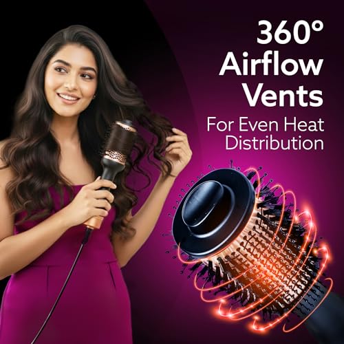 Image of AGARO Hot Air Brush for Hair, Blow Dryer Brush, Volumizer & Styler, 360 Air flow Vent, Oval Barrel for Hair Volume, Charcoal Bristles, Ceramic Coating Brushing Head, 1200W, Gold & Black HV2179