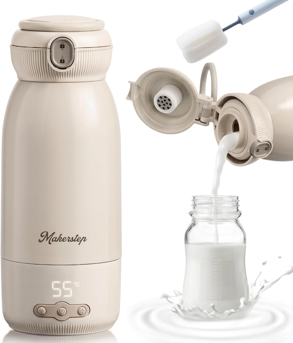 Tragbarer Flaschenwärmer Baby Unterwegs, 500ml Kapazität, Schnelles Aufheizen in 3 Minuten, Muttermilch und Wasser, Kann erwärmen, warmhalten und sterilisieren, 10400 mAh Akku für Lange Akkulaufzeit