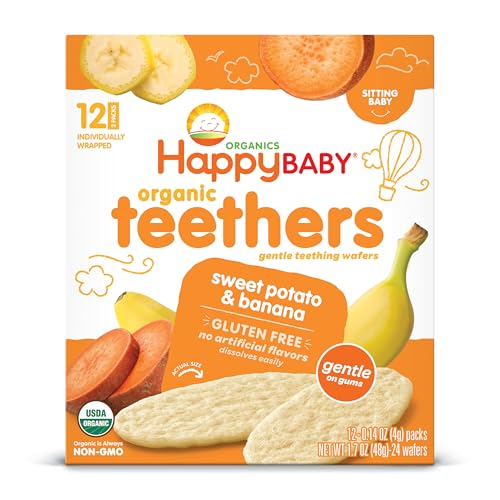 Image of Happy Baby Organic Teethers, Banana and Sweet Potato, Gentle Teething Wafers, Packets, Soothing Rice Cookies for Teething Babies, 12 Count per box, 1.7 Ounce