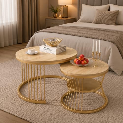 Image of The Round Coffee Table and The Stacking Tea Table with a Gold Metal Frame are Two Versatile Modern Center Tables that Look Great in Living Rooms (Cream Gold)
