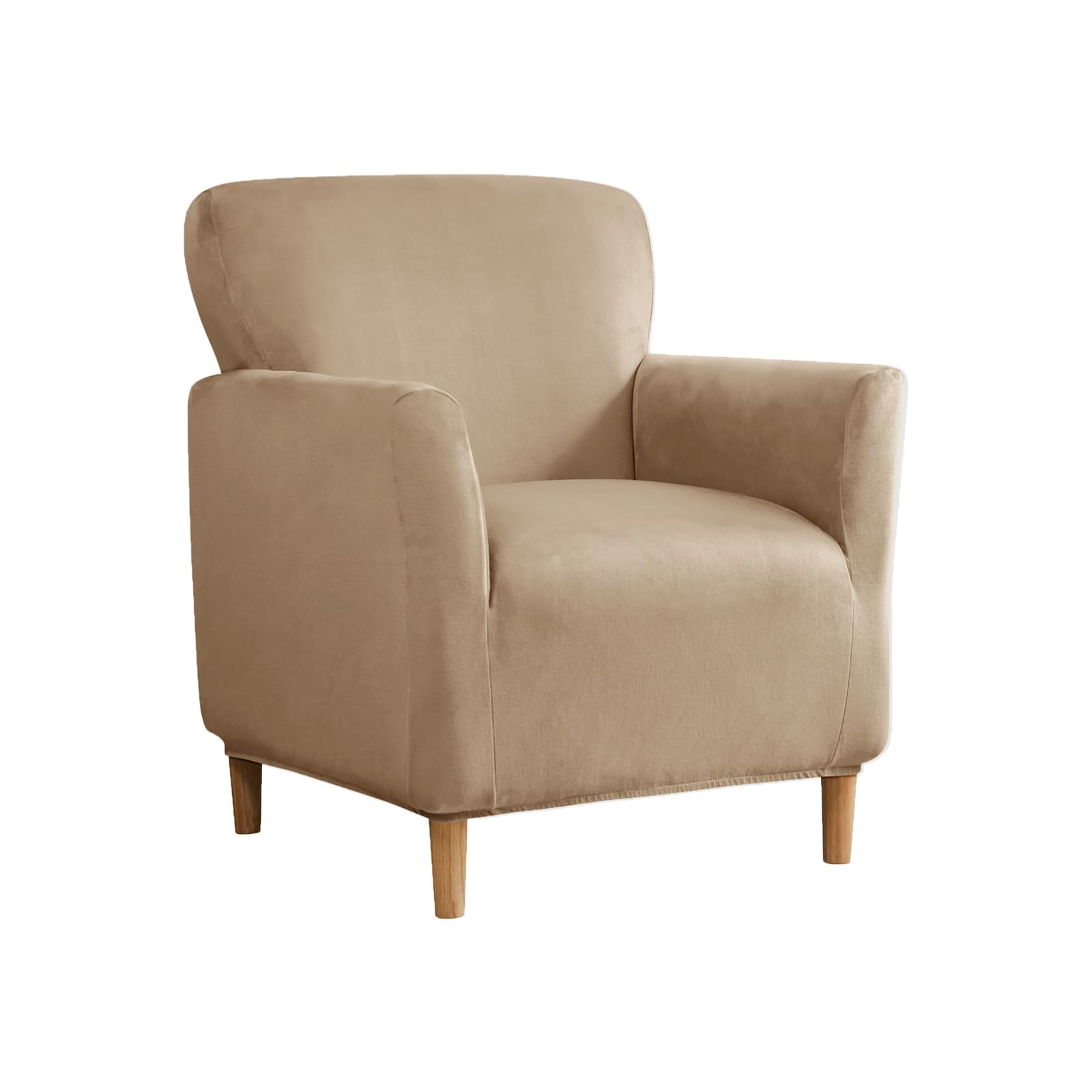 SYLC Stretch Velvet Armchair Sofa Covers with Ottoman Cover Rectangle/Square, Banquet Tub Chair Covers Footstool Slipcover Furniture Protector (Sand,Chair)
