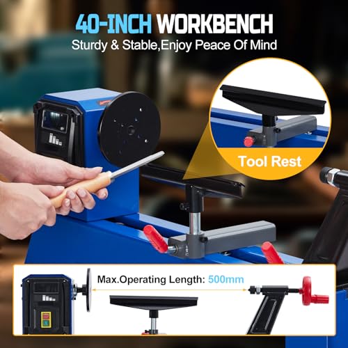Wood Lathe, 14" x 20" Benchtop Wood Lathe Machine 0.5 HP Infinitely Variable Speed 1040-2980 RPM, Wood Turning Lathe Machine with Wrench & 2 Chisels for Woodworking, Woodturning - Image 4