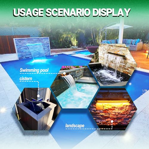 LONGRUN 60cm Teich Wasserfall Klingen Set, Acryl Gebogener Wasserfall Überlauf, Außenpool Brunnen mit 7 Farben Bluetooth LED Lichtern und Fernbedienung, Breite 26cm