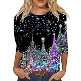 LPIGOH Christmas Tops for Women 3/4 Length Sleeve Top - Funny Christmas 2025 Crew Neck Holiday Tshirts - Plus Size Xams Printed Fitted Tunic Tops Pullovers 02-Black,2X