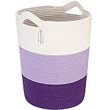 Sea Team Large Size Cotton Rope Woven Storage Basket with Handles, Laundry Hamper, Fabric Bucket, Drum, Clothes Toys Organizer for Kid's Room, 20 x 14 inches, Round Open Design, White & Purple