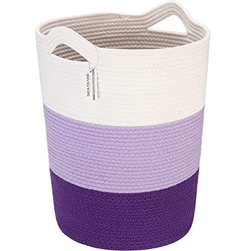 Image of Sea Team Large Size Cotton Rope Woven Storage Basket with Handles, Laundry Hamper, Fabric Bucket, Drum, Clothes Toys Organizer for Kid's Room, 20 x 14 inches, Round Open Design, White & Purple
