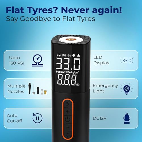 Image of Portable 12V DC Corded Tyre Inflator for Cars, 150 PSI, Fast Inflation, Digital LED Display, 3M Power Cord, Pressure Detection & Auto Shut Off, Emergency LED Light