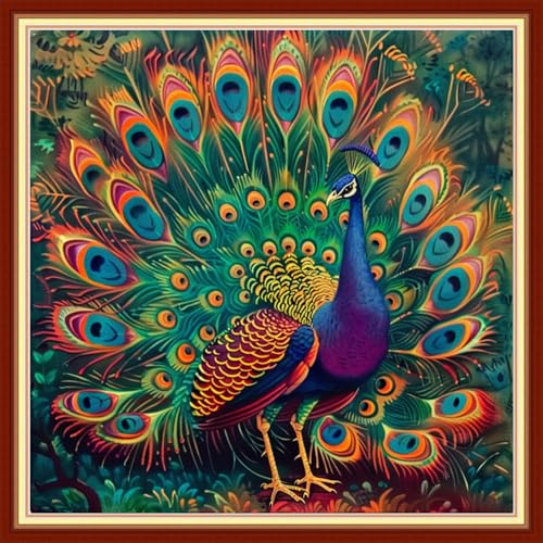Image of Joyhoor Stamped Cross Stitch Kits for Beginners Needlepoint Kits for Adults Embroidery Kits 11CT Counted Cross Stitch Kits Printed Embroidery Pattern-Colorful Peacock 18x18 inchs