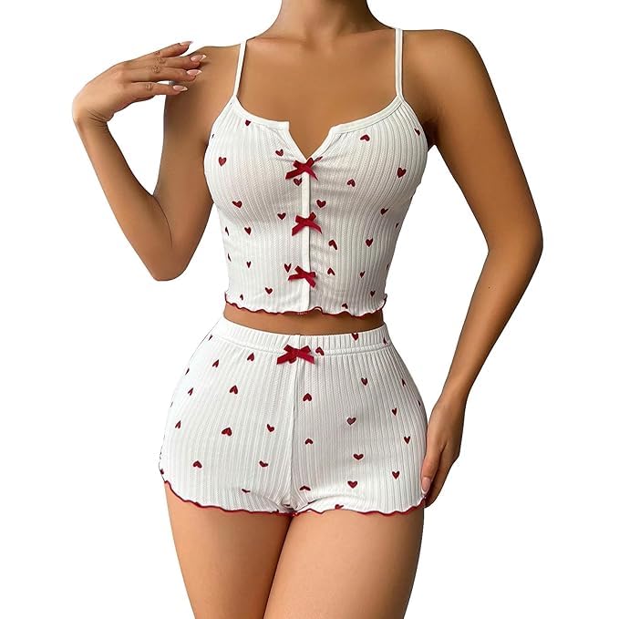 Women's 2 Piece Heart Print Ribbed Sleepwear Set – Cami Crop Top & Drawstring Shorts with Bow Detail (Free Size)-image-1